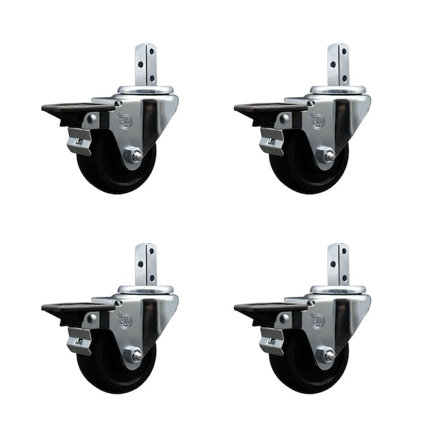 3'' Soft Rubber Wheel Swivel 3/4'' Square Stem Caster Set with Brake, 4PK